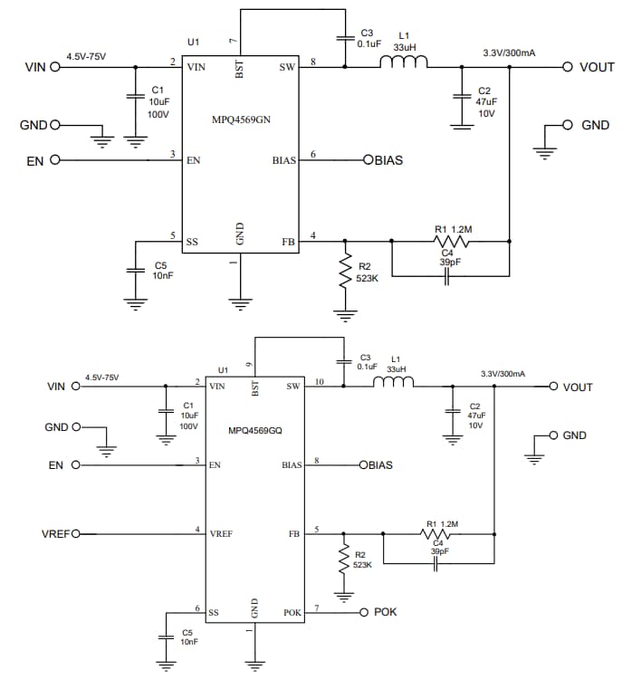 Application Circuit Diagram - Monolithic Power Systems (MPS) MPQ4569 AEC-Q100 Switching Voltage Regulators